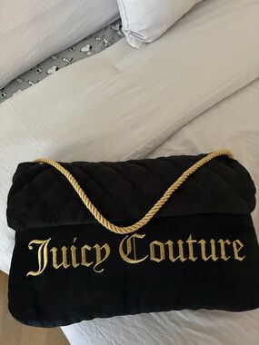 Juicy Couture Pillow Black Velvet Quilted Shoulder Bag with Gold Embroidery